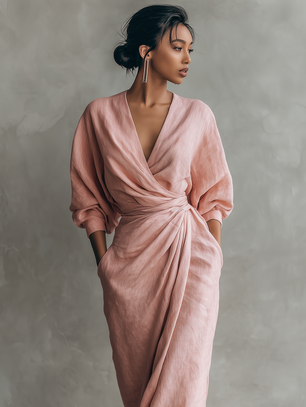 Rosa Maxi Kleid V-Hals