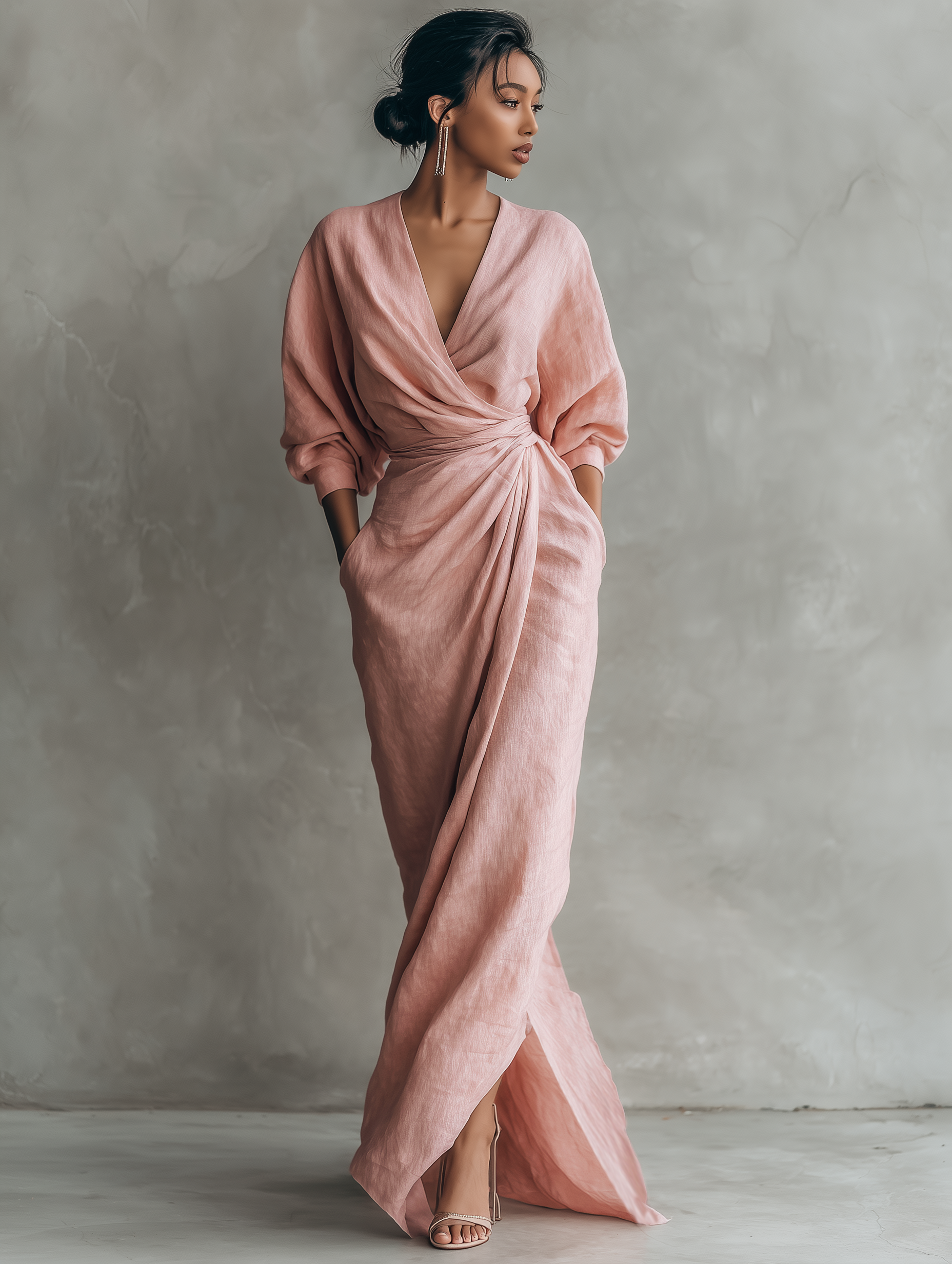 Rosa Maxi Kleid V-Hals
