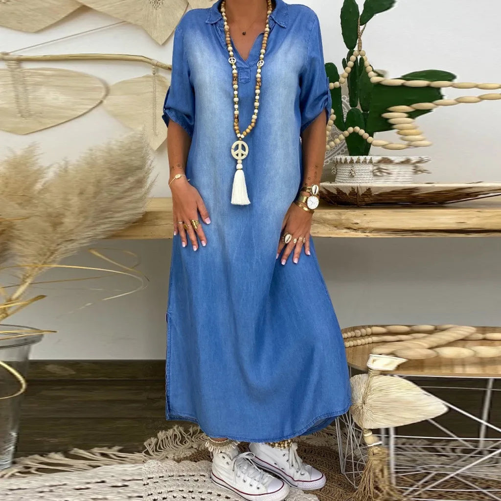 Andrea™ – Langes Kleid in Jeansoptik mit Seitenschlitz