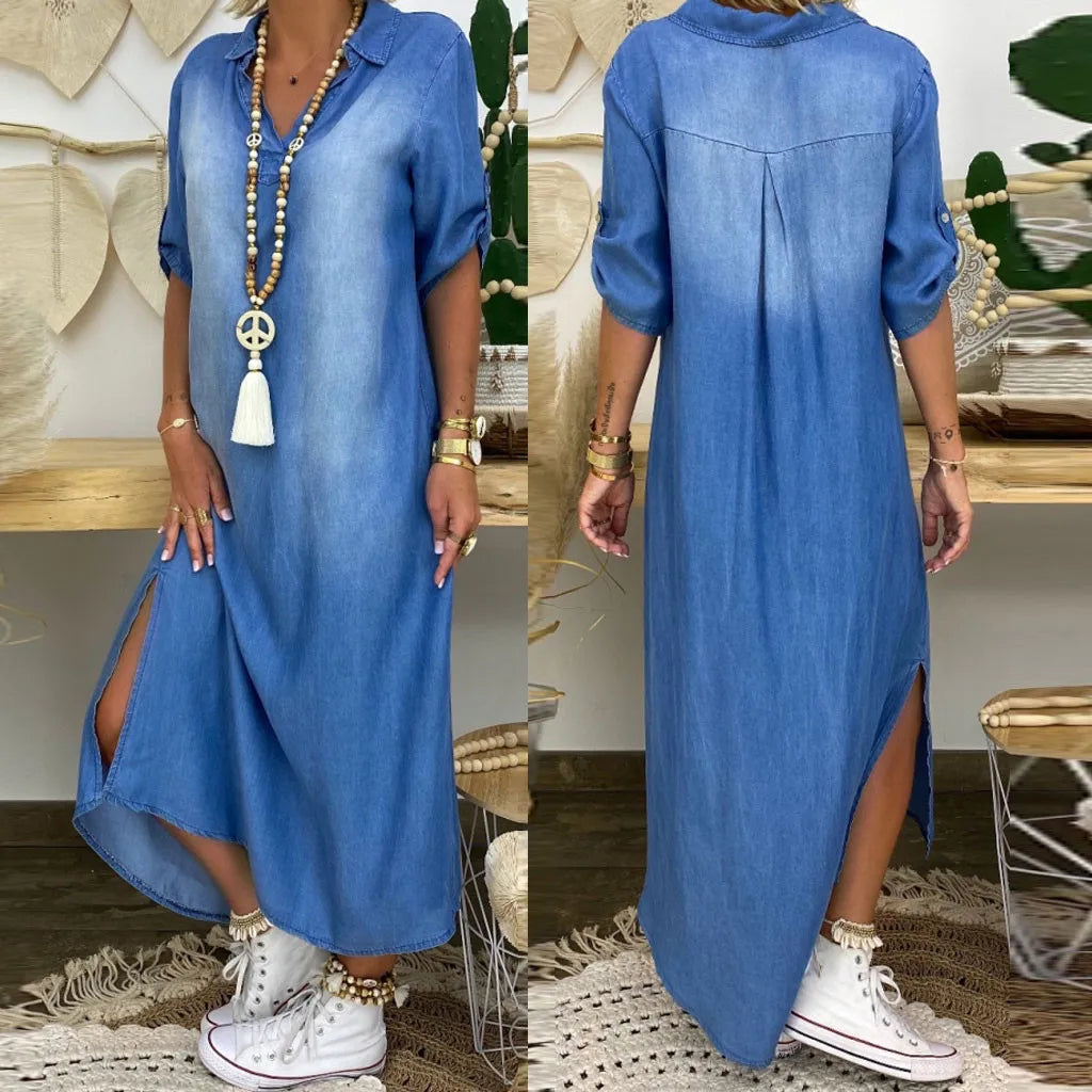 Andrea™ – Langes Kleid in Jeansoptik mit Seitenschlitz