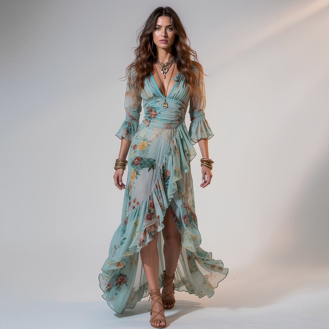 Mia | Florales Chiffon-Maxikleid mit Rüschen