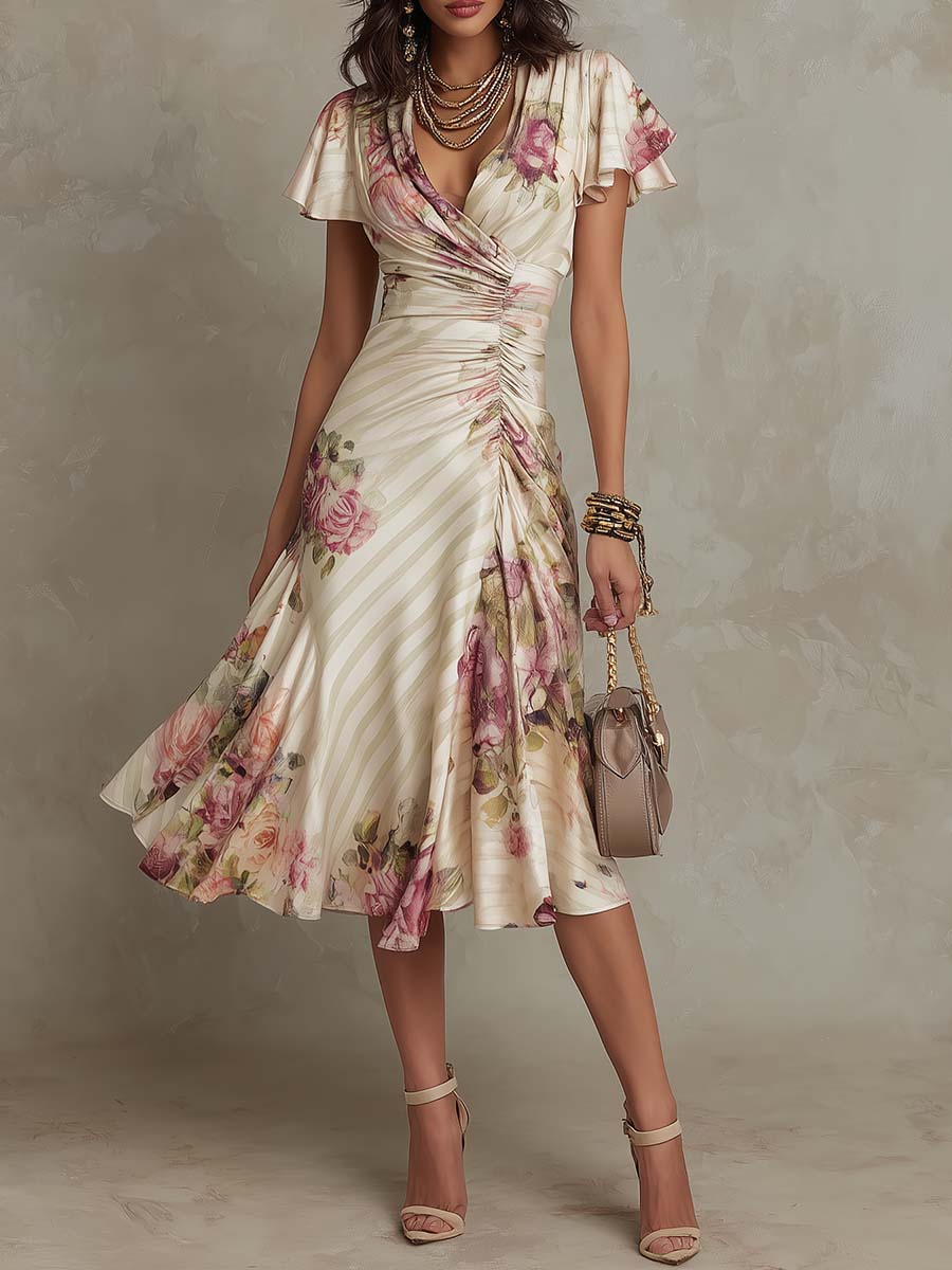 Margaret | Vintage-Blumen-Satin-Midikleid