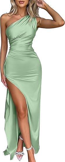 Satène — Ein-Schulter Satin Hochgeschlitztes Maxikleid