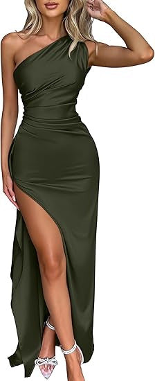 Satène — Ein-Schulter Satin Hochgeschlitztes Maxikleid