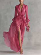 Beatrice | Elegantes Chiffon-V-Ausschnitt-Langkleid mit Taillengürtel