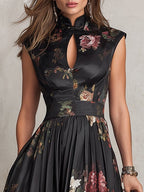 Patricia | Schwarzes Satin-Falten-Midikleid mit Blumenmuster