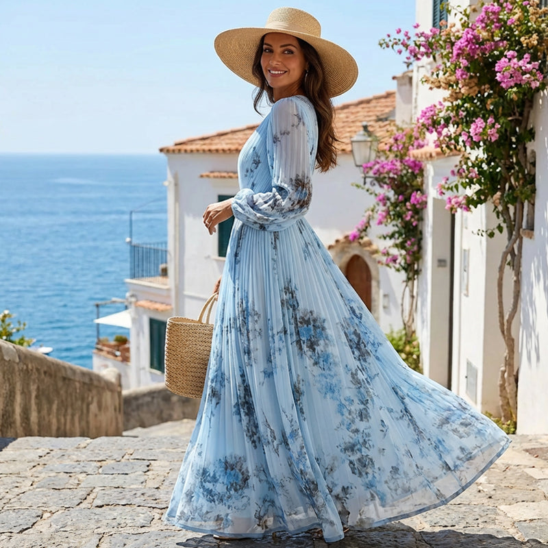Nora - Elegantes Hellblau Floral Maxikleid